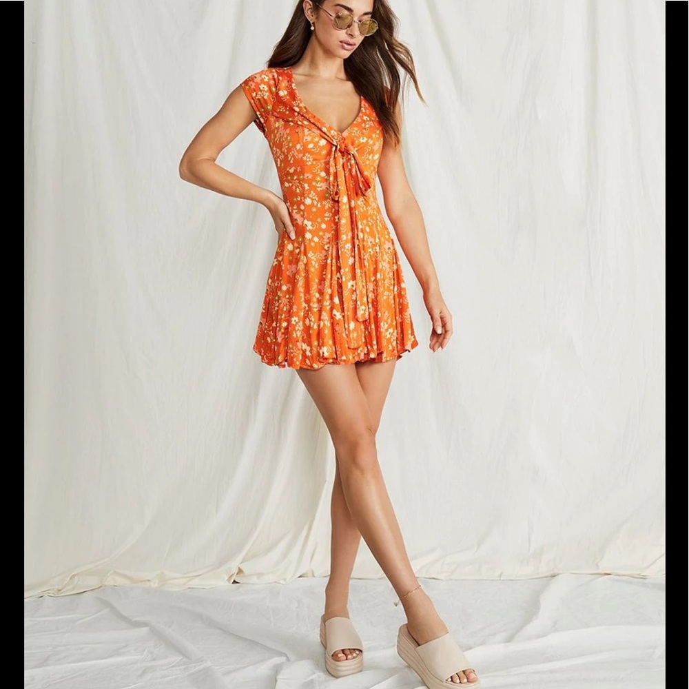 FP Tie detail cap sleeve floral print mini dress, size XL, new